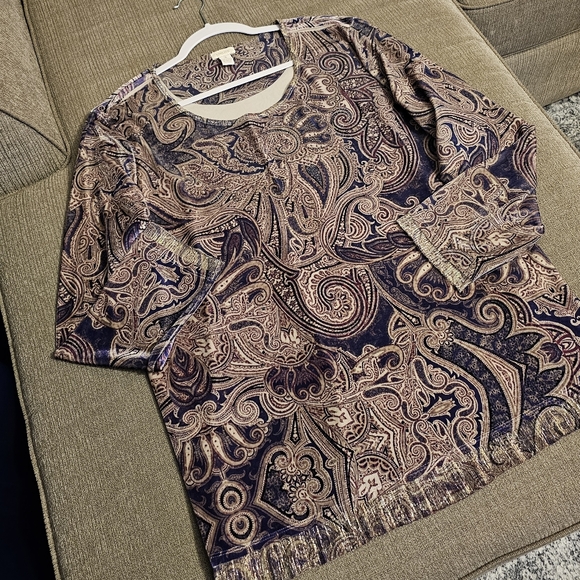 Chico's Purple Gray Velvet Silver Paisley Elegant Contemporary Blouse Sz 3/XL - Picture 2 of 6